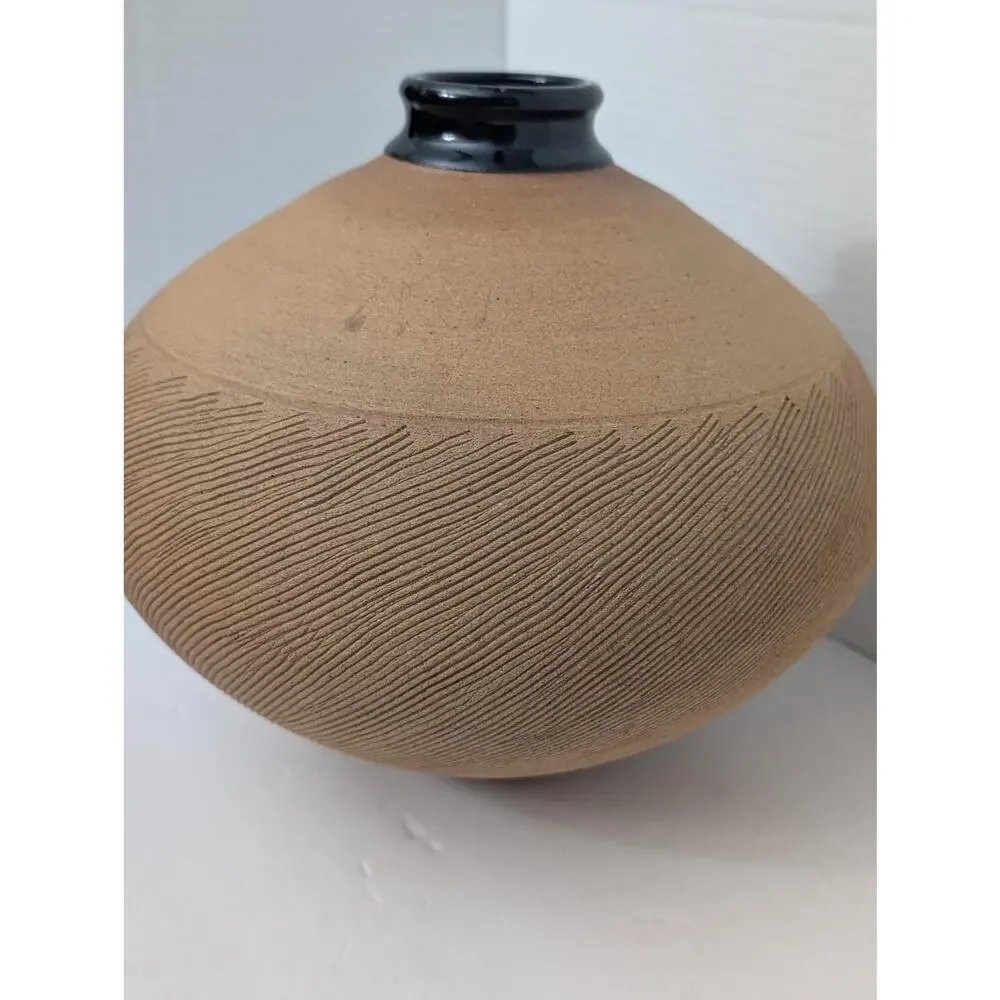 Renee Margolin Studio Pottery Vase Carved Textured Ceramic Vessel Art
